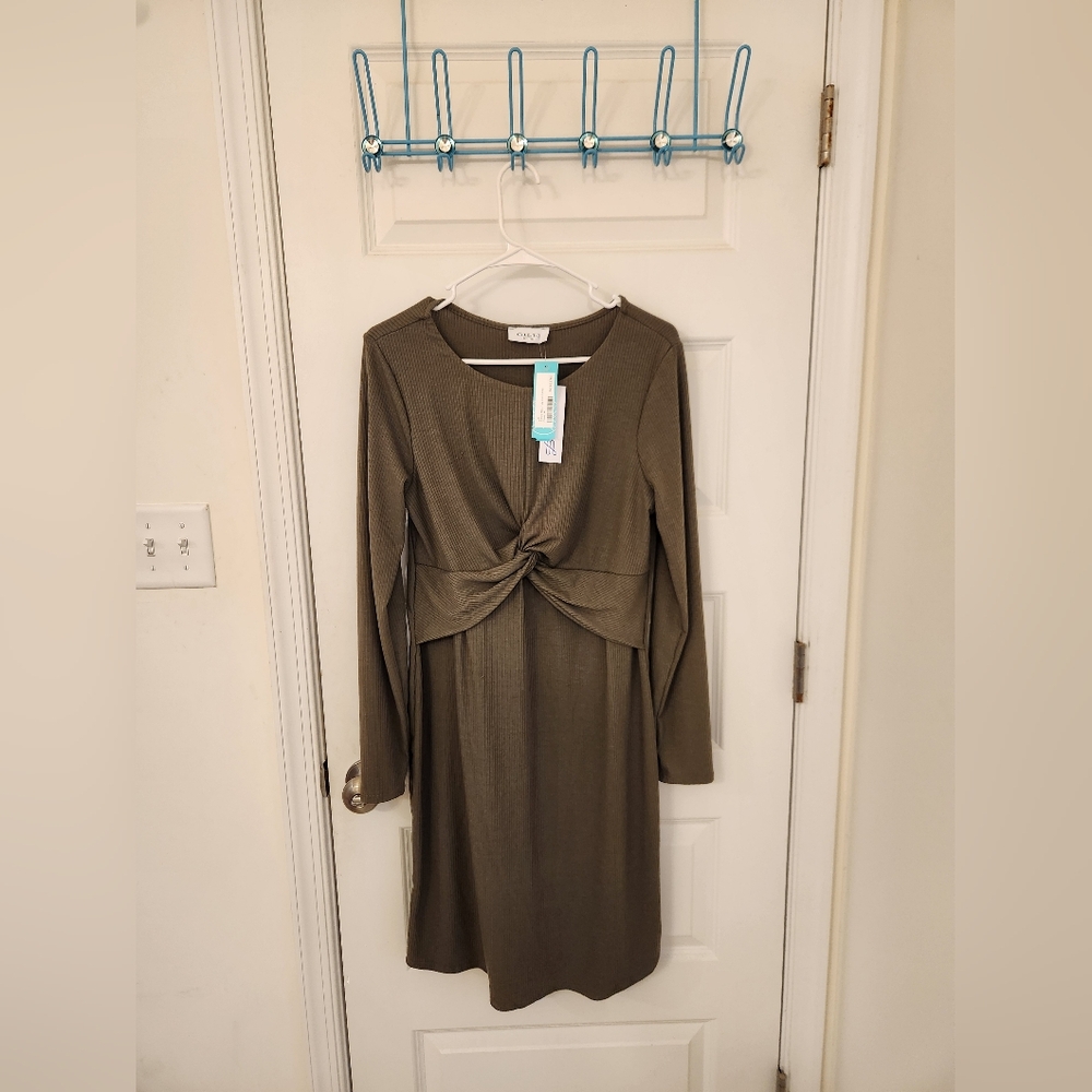 Olive Long-Sleeve Knot-Front Women’s Dress